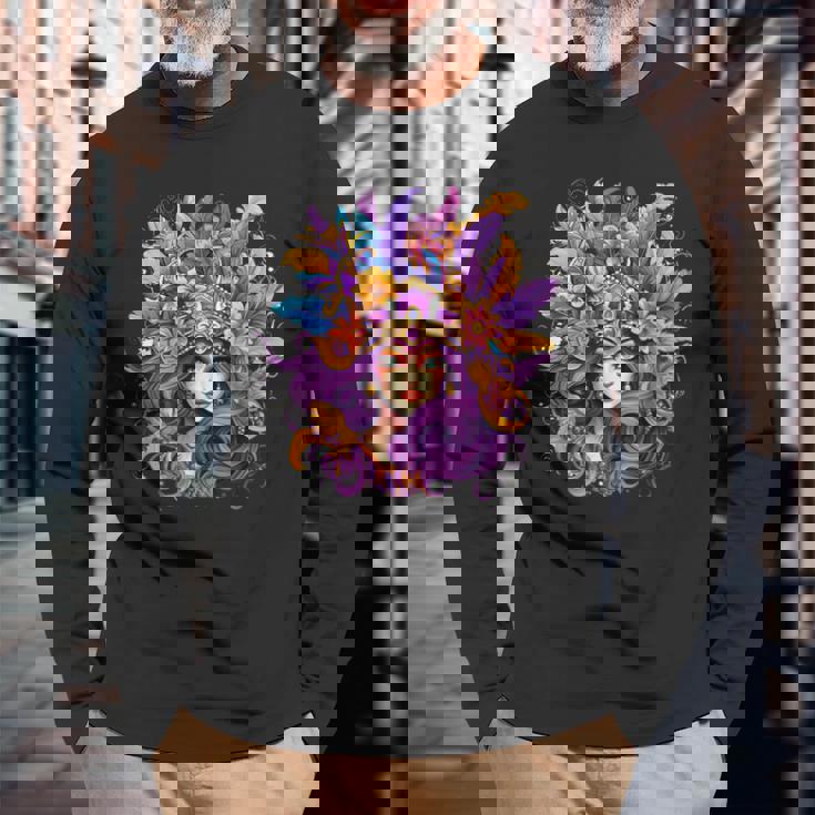 マルディグラ フェザー パープル マスク グリーン ニューオーリンズ 長袖Tシャツ 高齢者への贈り物