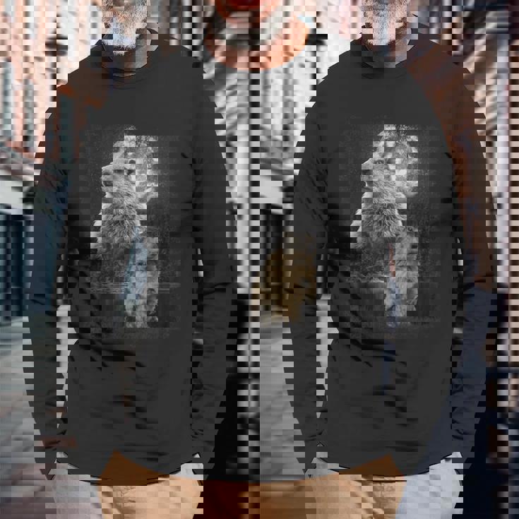 マーモット イラスト ムーン マーモット げっ歯類 マンケイ 長袖Tシャツ 高齢者への贈り物