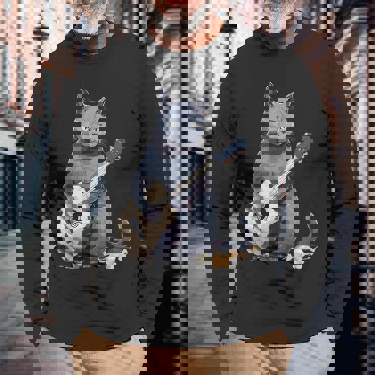 ミュージシャン ロシアンブルー猫 ギタリスト 猫とギター 長袖Tシャツ 高齢者への贈り物