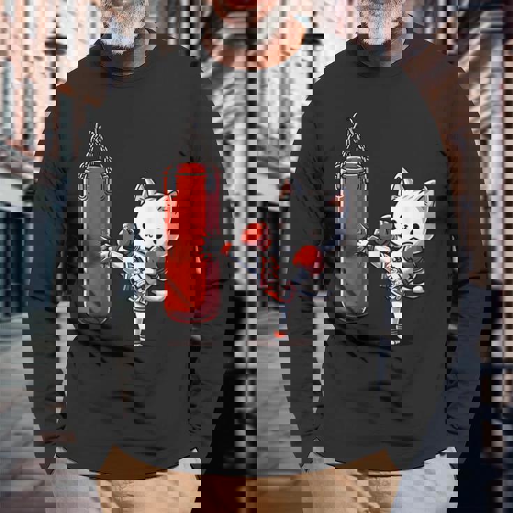 ムエタイ猫、キックボクシング 長袖Tシャツ 高齢者への贈り物