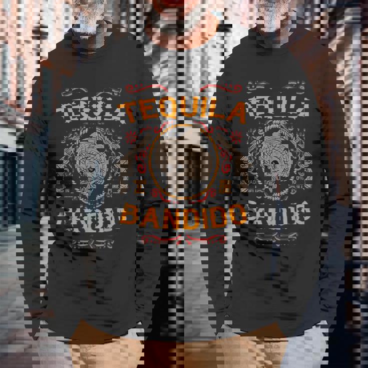 メキシカンスカル テキーラ バンディト クール スケルトン チャロ ギフトアイデア 長袖Tシャツ 高齢者への贈り物