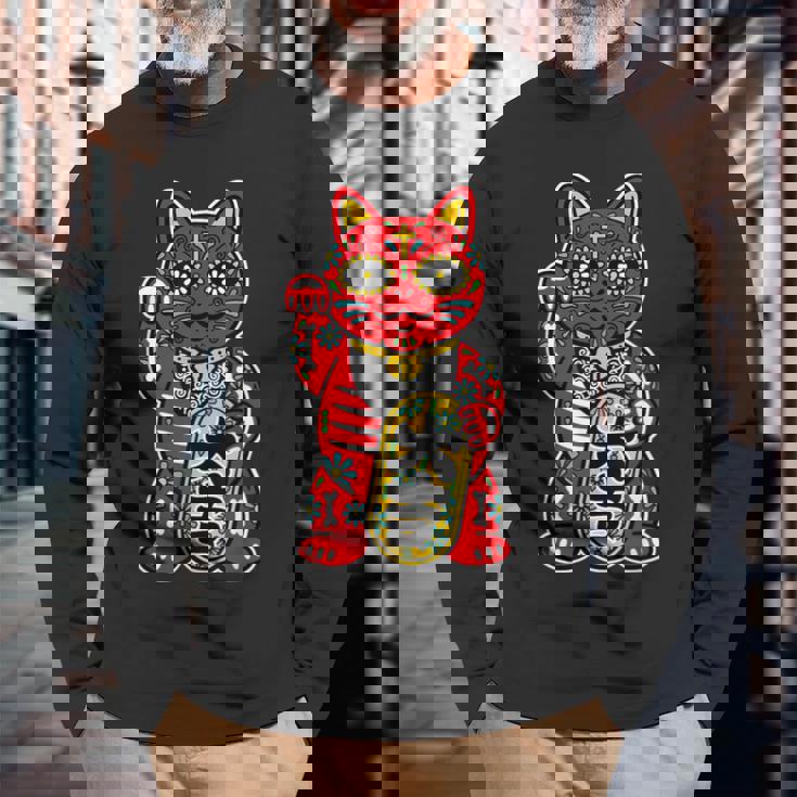 メキシコ 死者の日 と 招き猫 ネコ を組合わせた シュガー スカル キャット 赤 レッド 大吉 猫好き ねこマニア 長袖Tシャツ 高齢者への贈り物