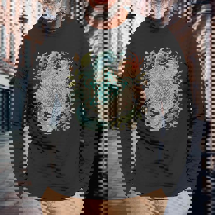 メタトロンキューブと自然の要素 火、土、水、風 長袖Tシャツ 高齢者への贈り物