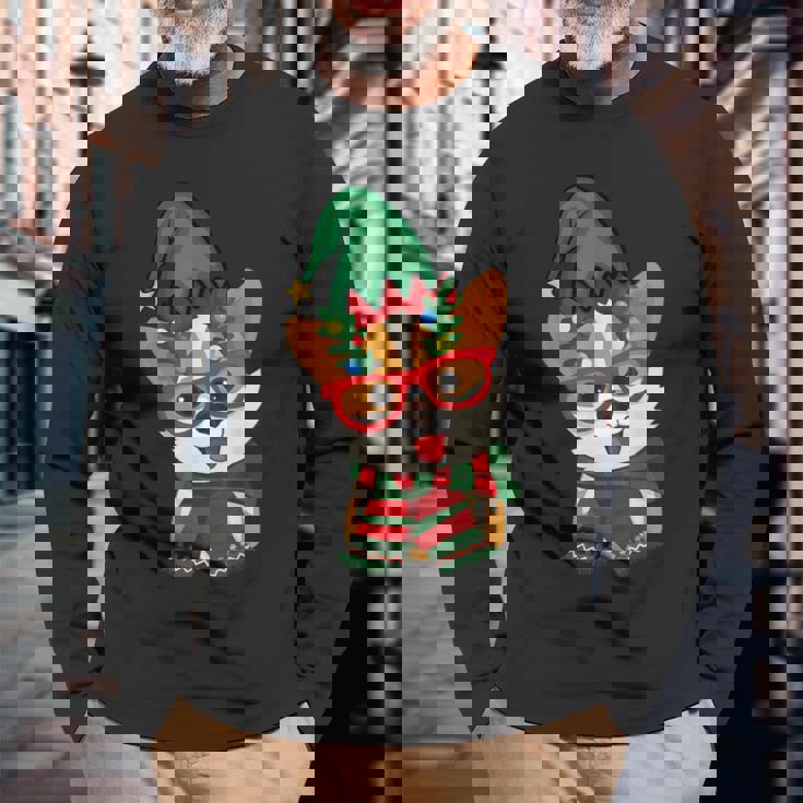 メリークリスマス かわいいオタクウェールズコーギー エルフの帽子とスカーフ付き 長袖Tシャツ 高齢者への贈り物