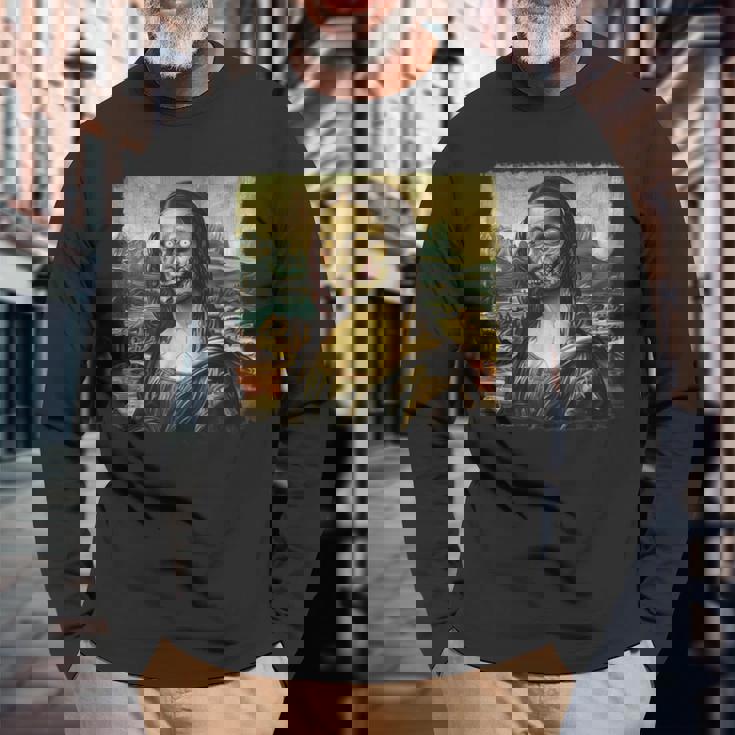 モナリザ ゾンビ ハロウィン 美術教師 モナリザ 長袖Tシャツ 高齢者への贈り物