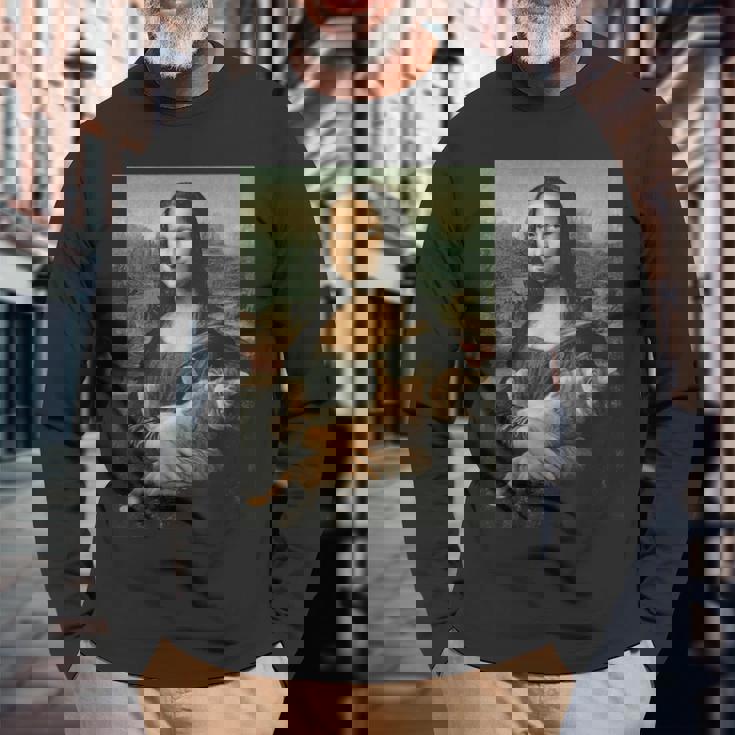 モナリザとオレンジ猫 面白いアートペインティング 長袖Tシャツ 高齢者への贈り物