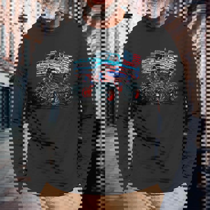 モンスタートラック 幼児用 キッズ アメリカ国旗 モンスタートラック 長袖Tシャツ 高齢者への贈り物