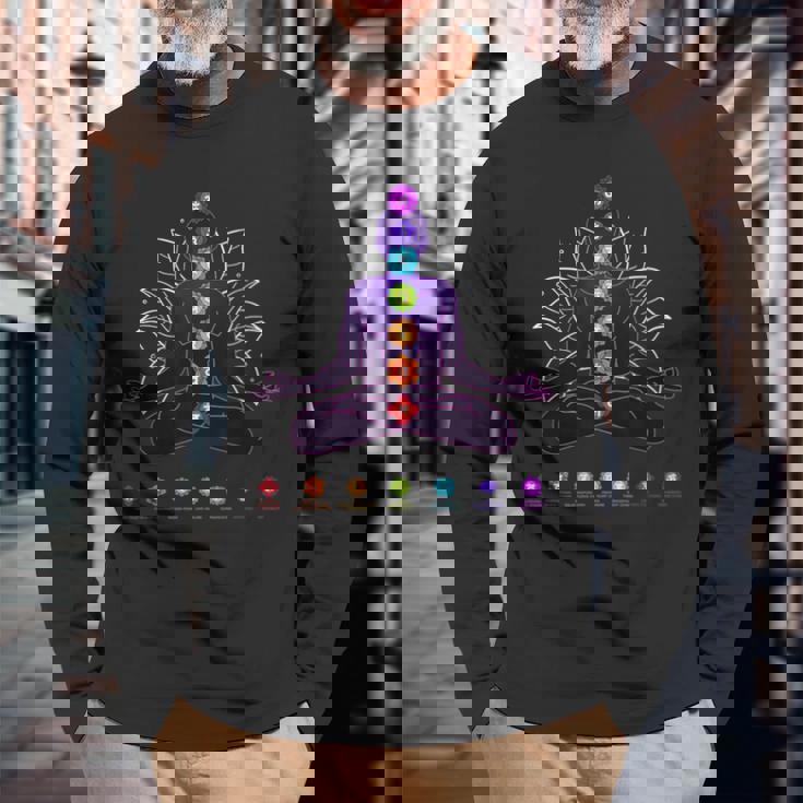 ヨガ チャクラ スピリチュアル ボディ システム 瞑想 長袖Tシャツ 高齢者への贈り物