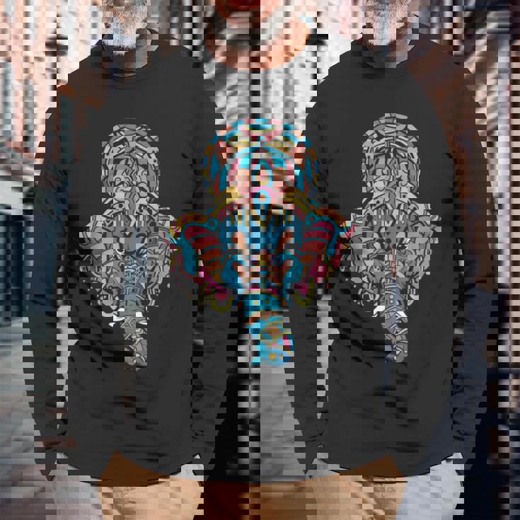 ヨガスピリチュアルヒンドゥー教象神ガネーシャ瞑想 長袖Tシャツ 高齢者への贈り物