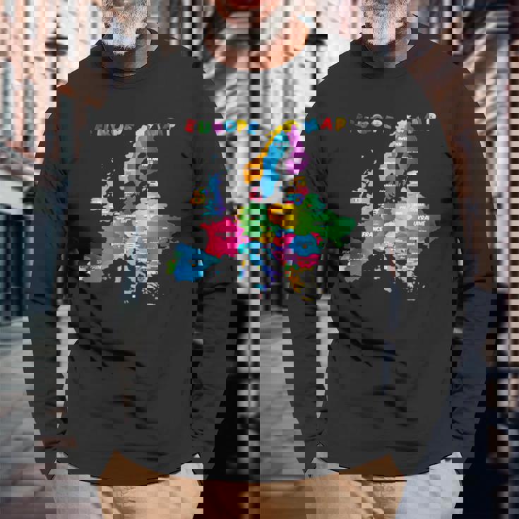 ヨーロッパ地図、国旗、ヨーロッパ諸国 長袖Tシャツ 高齢者への贈り物