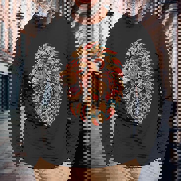 ライオン インディアン 部族 アート ネイティブアメリカン 長袖Tシャツ 高齢者への贈り物