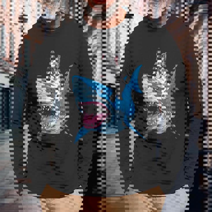 ライディング シャーク フレンチブルドッグ 長袖tシャツ 長袖Tシャツ 高齢者への贈り物