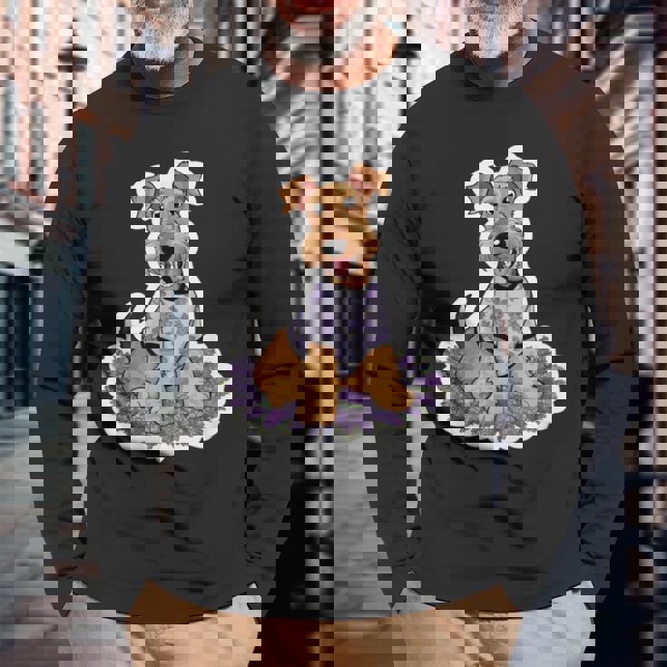 ライラックのエアデール テリア 長袖Tシャツ 高齢者への贈り物