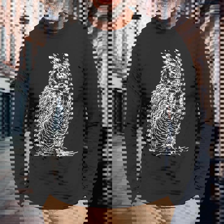 ラインアート 鳥・鳥類学者 オオツノフクロウ 長袖Tシャツ 高齢者への贈り物