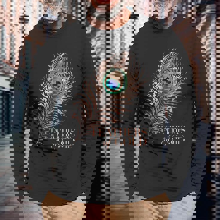 ラグジュアリーボタニカルフラワー ローズゴールド 孔雀 ゴールドの羽 長袖Tシャツ 高齢者への贈り物