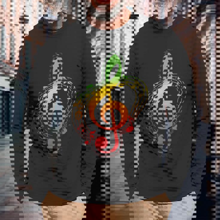 ラスタカラー音符、ジャマイカ風音楽、レゲエ 長袖Tシャツ 高齢者への贈り物