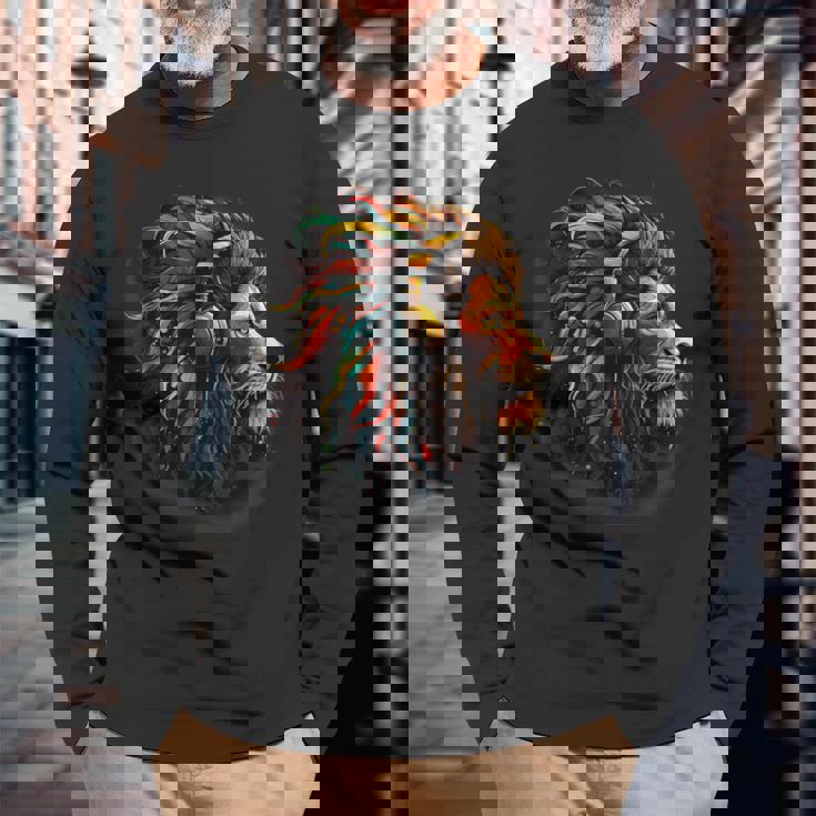 ラスタファリアン・ルーツ ギター ヒッピー ラスタ レゲエ ライオン ラスタファリ 長袖Tシャツ 高齢者への贈り物