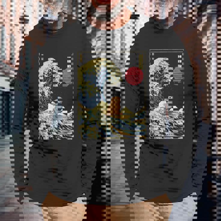 ラッコ 日本の神奈川波 おもしろサーフアニマル 長袖Tシャツ 高齢者への贈り物