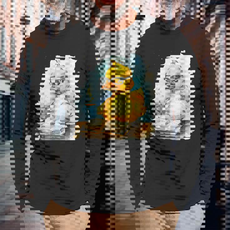 ラバーダックリーダー コーヒー愛好家 読書本 ラバーダッキー 長袖Tシャツ 高齢者への贈り物