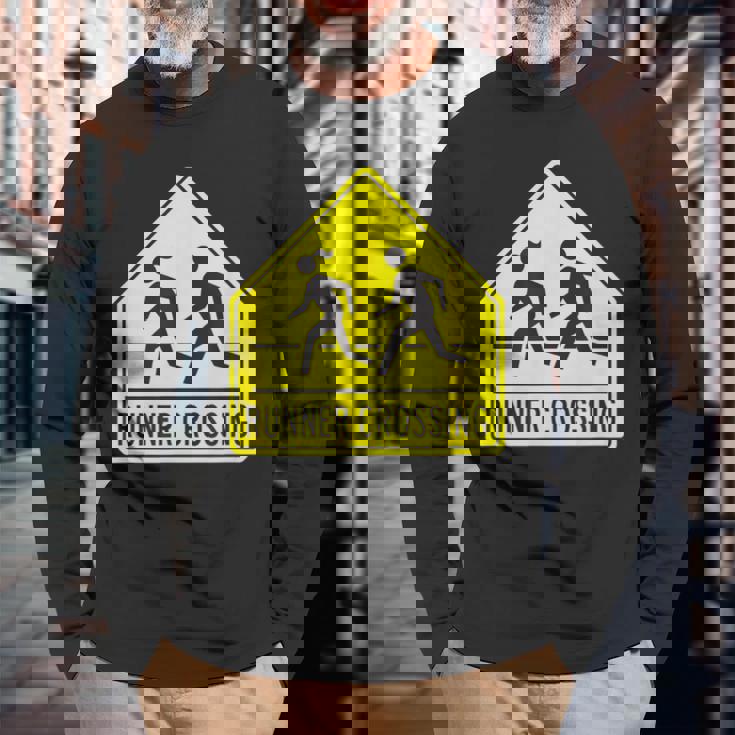 ランナー クロッシング サイン モチベーションを高める 面白い ランニング 長袖Tシャツ 高齢者への贈り物