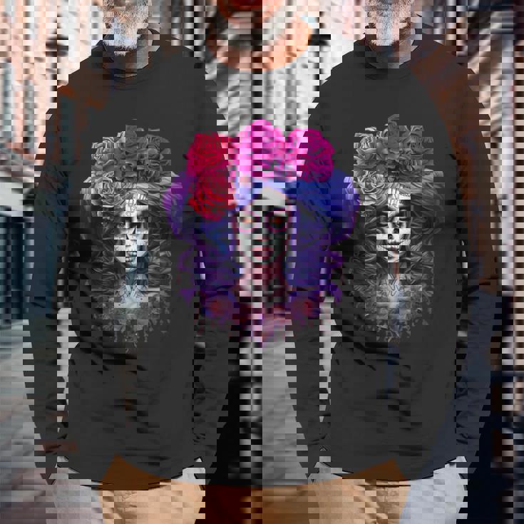 ラ・カトリーナ、ディア・デ・ロス・ムエルトス メキシコの死者の日 長袖Tシャツ 高齢者への贈り物