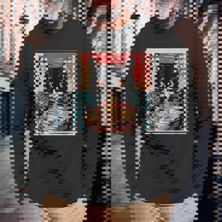 ラーメンと黒猫 和風ビンテージ 長袖Tシャツ 高齢者への贈り物