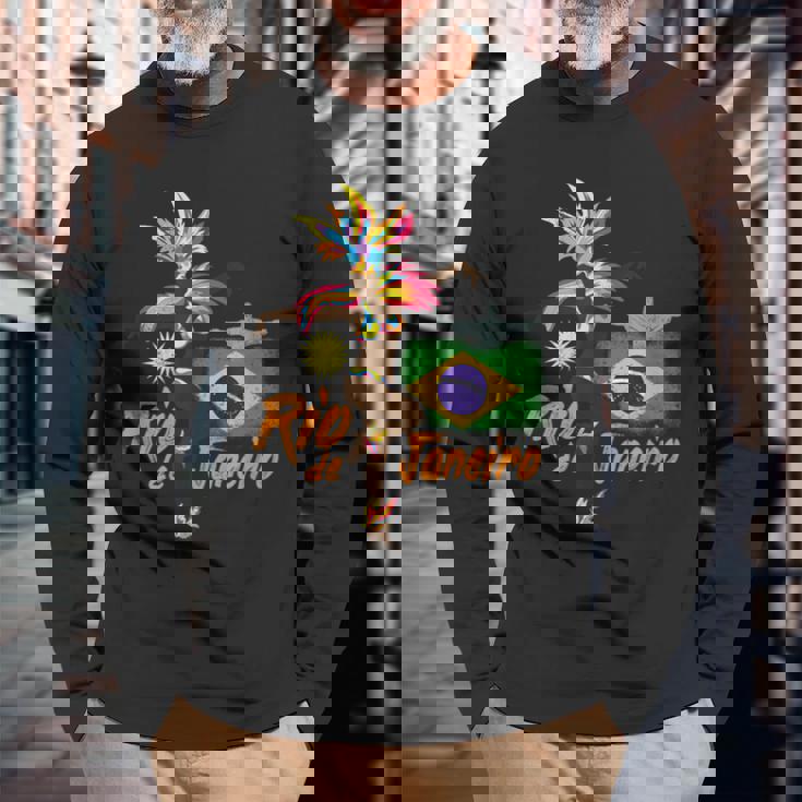 リオデジャネイロブラジルヴィンテージサンバカーニバルダンサーと旗 長袖Tシャツ 高齢者への贈り物