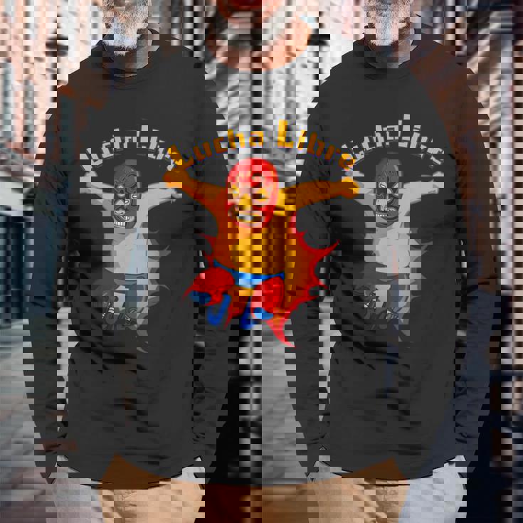 ルチャリブレメキシコ覆面レスラー漫画アクションポーズ 長袖Tシャツ 高齢者への贈り物