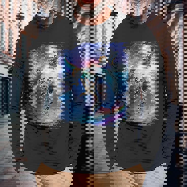 レインボーギャラクシー 宇宙に乗るサメに乗る猫 長袖Tシャツ 高齢者への贈り物