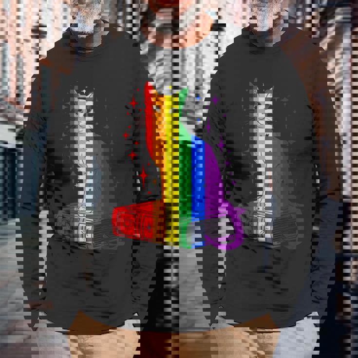 レインボー猫と本と星 Lgbt プライド 長袖Tシャツ 高齢者への贈り物
