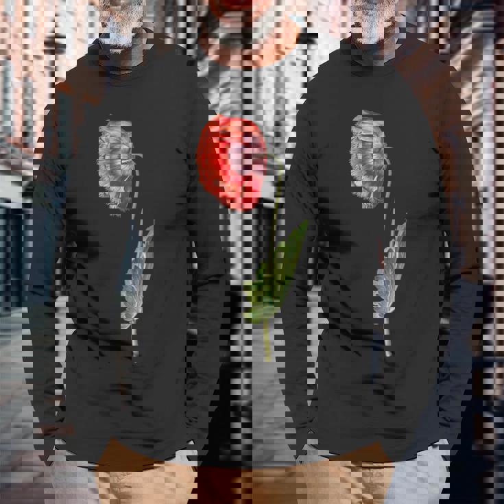 レッドポピーフラワー ボタニカルポピー レッドポピー 長袖Tシャツ 高齢者への贈り物