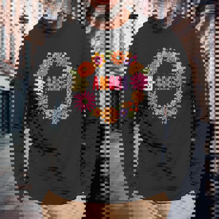 レトロ ボーホー フラワー アモーレ 愛 イタリア語 イタリア 旅行 長袖Tシャツ 高齢者への贈り物