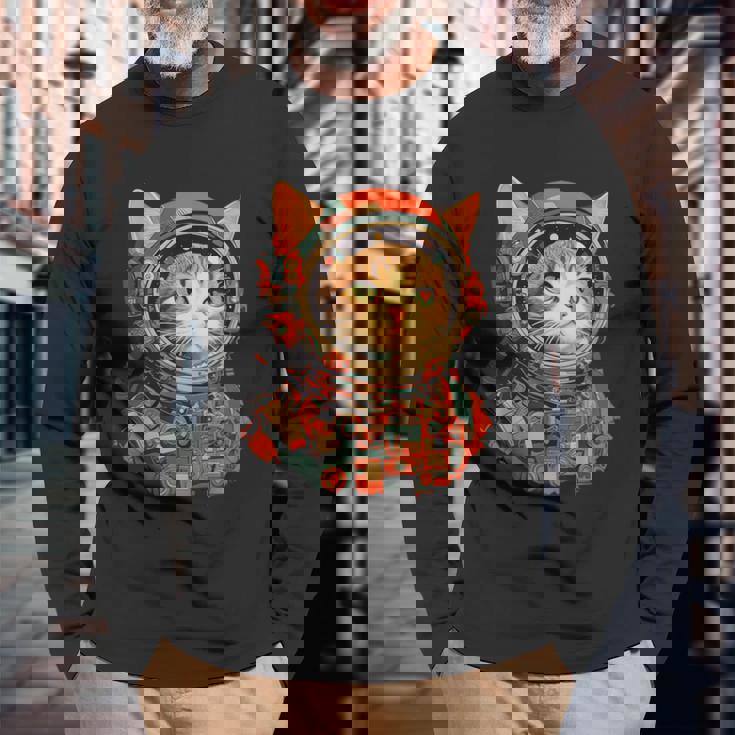 レトロ 宇宙飛行士 猫 長袖Tシャツ 高齢者への贈り物