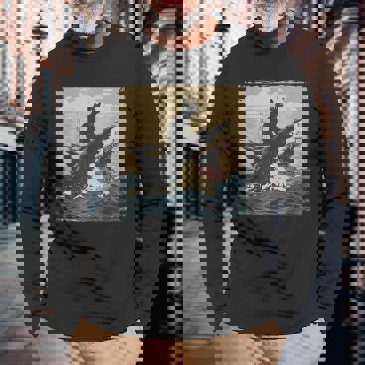 レトロ 猫 噛む サメ ユーモラス 猫 駄洒落 ミーム 猫s サメ 長袖Tシャツ 高齢者への贈り物