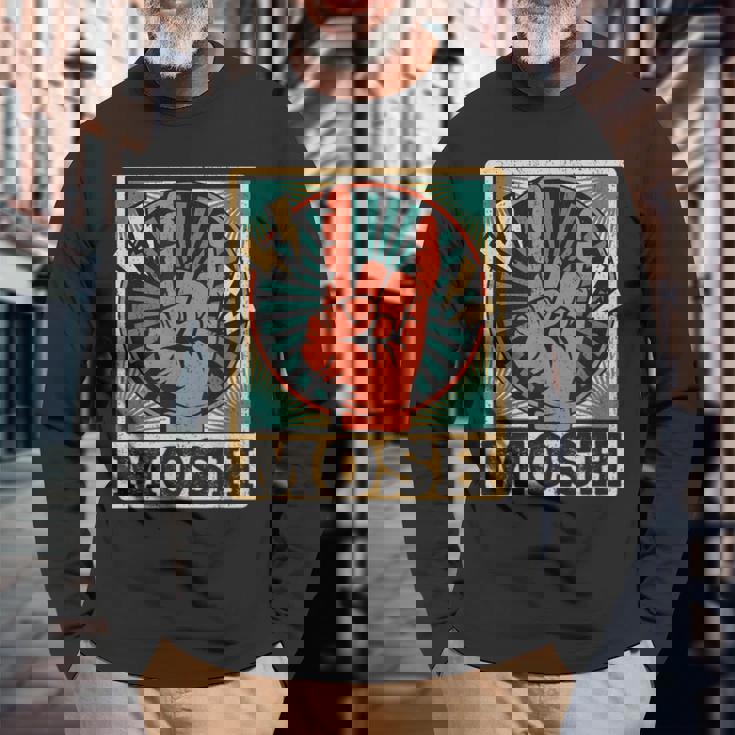 レトロなヴィンテージサインオブザホーンモッシュヘビーロックミュージック 長袖Tシャツ 高齢者への贈り物