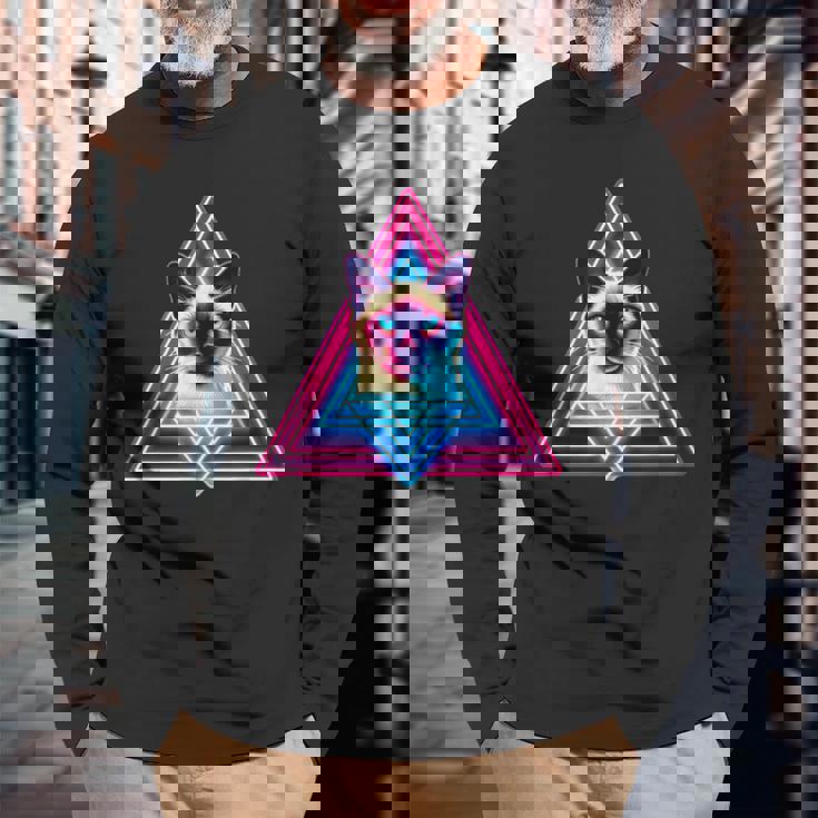 レトロな三角形のピラミッド猫のシャム猫 長袖Tシャツ 高齢者への贈り物