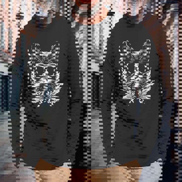 レトロな猫 サングラス付き 喫煙 大麻 雑草 葉 長袖Tシャツ 高齢者への贈り物