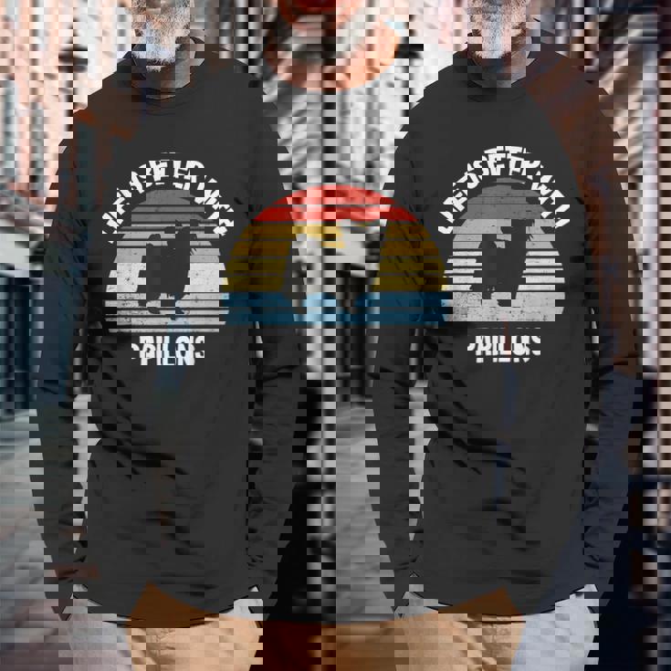 レトロパピヨン 犬 ギフト 長袖Tシャツ 高齢者への贈り物