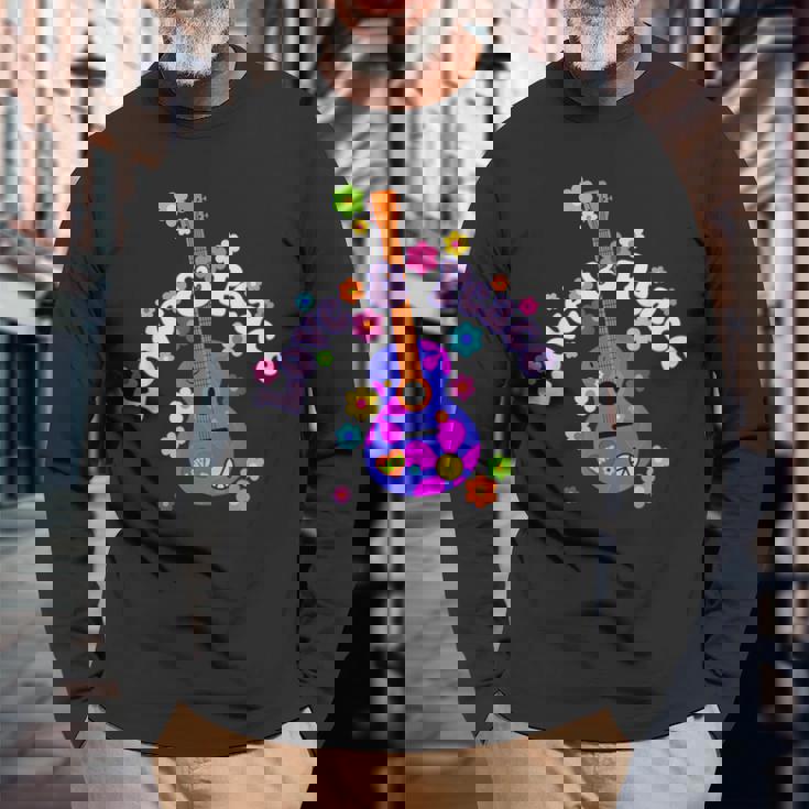 レトロフラワーパワーギター-ラブアンドピース2-ファンファン 長袖Tシャツ 高齢者への贈り物