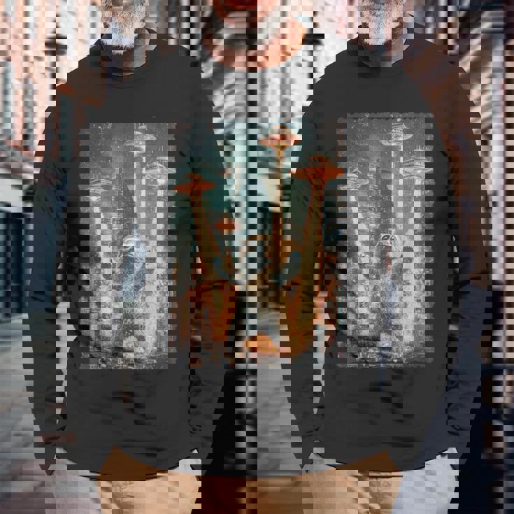 レトロ日本アニメ怪獣モンスターナマケモノセルフィー東京ufo 長袖Tシャツ 高齢者への贈り物