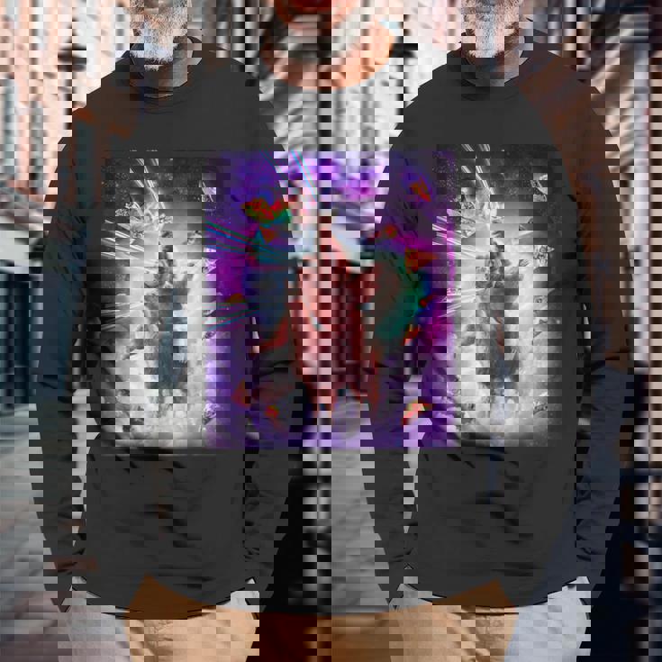 レーザーアイズスペースキャットライディングナマケモノ、ラマ-レインボー 長袖Tシャツ 高齢者への贈り物