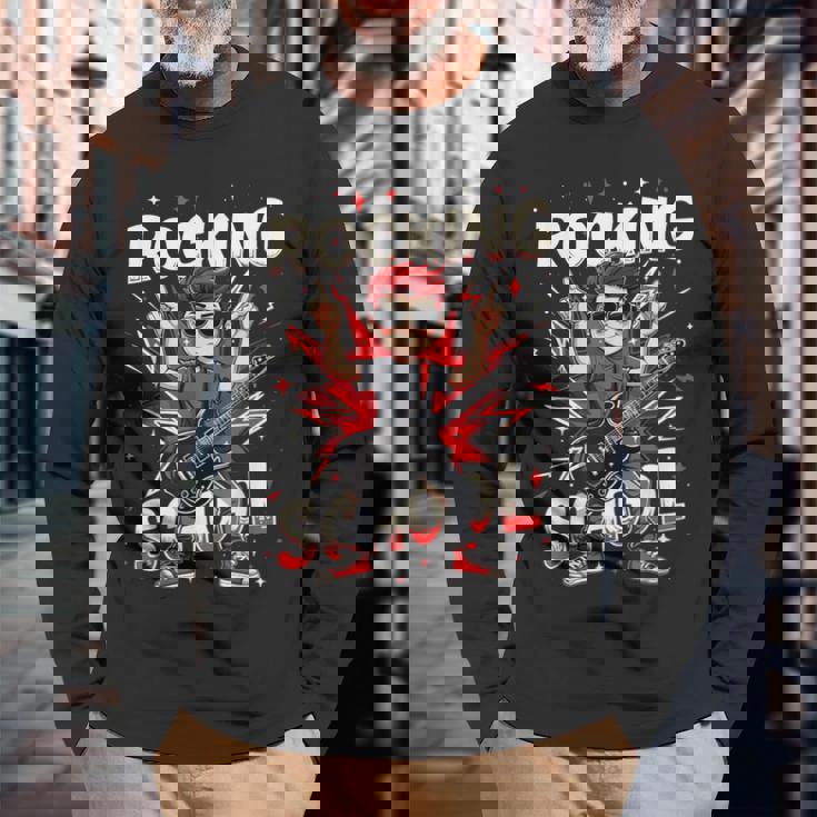 ロッキング・100デイズ・オブ・スクール・ファニー・ギター・キッズ 長袖Tシャツ 高齢者への贈り物