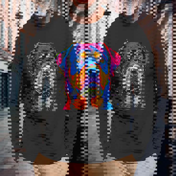 ロットワイラー 犬 カラフル ポップアート 犬の誇り ロットワイラー 長袖Tシャツ 高齢者への贈り物