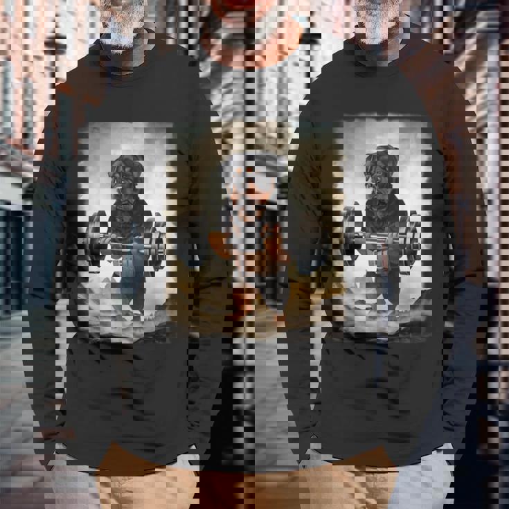 ロットワイラー 犬の筋トレ ウェイトリフティング 長袖Tシャツ 高齢者への贈り物