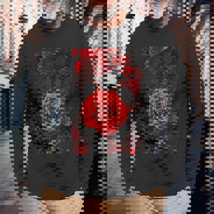 ロマンティックローズ レッド 美的 ゴシックローズ 長袖Tシャツ 高齢者への贈り物