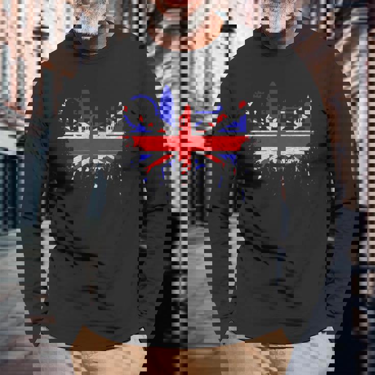 ロンドン スカイライン イギリス 愛 ユニオンジャック イギリス国旗 長袖Tシャツ 高齢者への贈り物