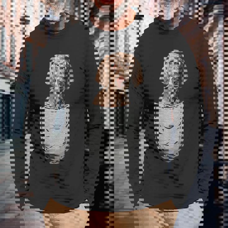 ワイマラナーラナー胸ポケット犬の飼い主 長袖Tシャツ 高齢者への贈り物