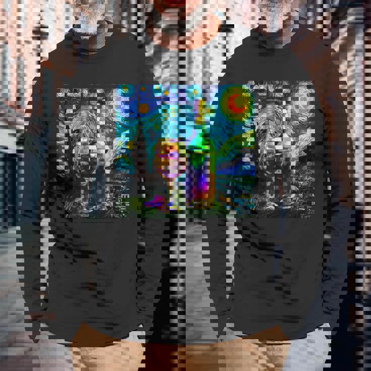 ワイン 酒 面白いtシャツ ゴッホ 星月夜 飲み おもしろ 飲み会 のんべえ メンズ 居酒屋 ネタ 長袖Tシャツ 高齢者への贈り物