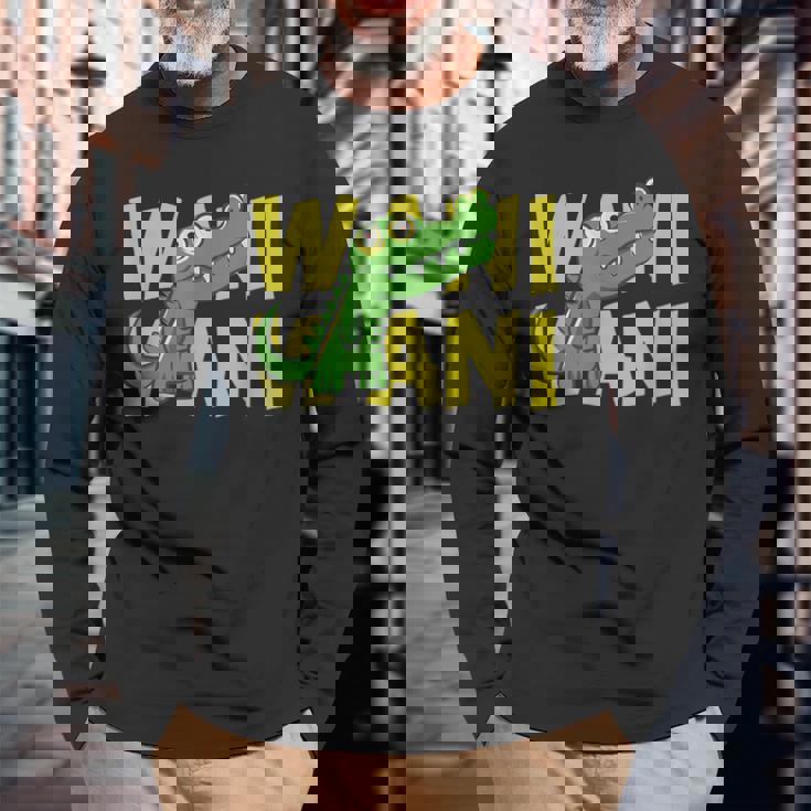 ワニ 鰐 クロコダイル イラスト 爬虫類 おもしろ かわいい おしゃれ ワニ好き 長袖Tシャツ 高齢者への贈り物