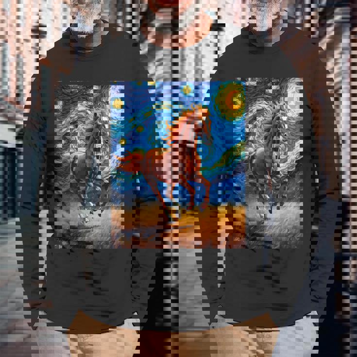 ヴァンゴッホの星空の夜ワイルドホースマスタングアニマル愛好家 長袖Tシャツ 高齢者への贈り物